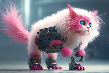 pink fluffy cat with a robotic leg looks at his paw, generative aiの素材