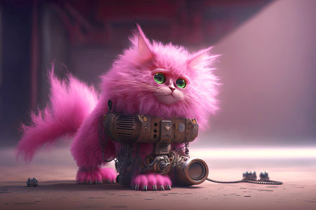pink fluffy cat with a robotic leg looks at his paw, generative aiの素材