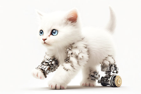 white fluffy kitten with robotic leg isolated on white background, generative aiの素材
