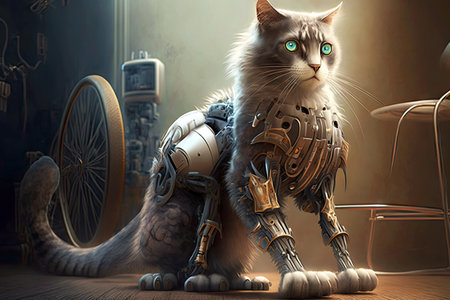 pet with a robotic leg doctor cat sitting on his stomach, generative aiの素材