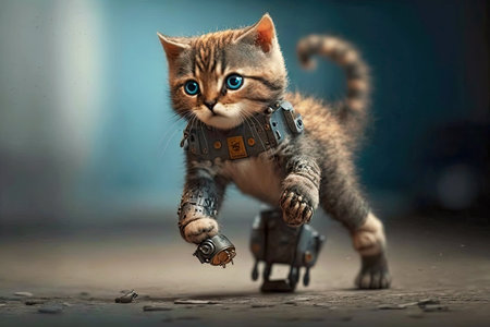 another funny photo of cute cat with a robotic leg on blurred background, generative aiの素材
