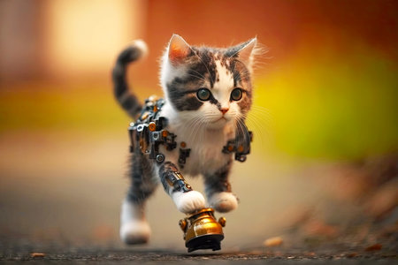 another funny photo of cute cat with a robotic leg on blurred background, generative aiの素材