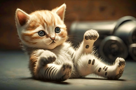 small kitten lying with one paw lifted petting robotic leg cat, generative aiの素材