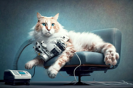 paralyzed cat with a robotic leg lying on medical sofa, generative aiの素材