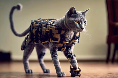 grey cat with a robotic leg walks on carpet, generative aiの素材