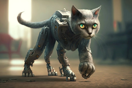 grey cat with a robotic leg walks on carpet, generative aiの素材
