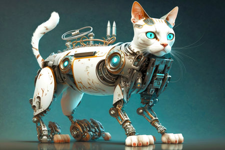 cool robot cat with robotic leg in white paws, generative aiの素材