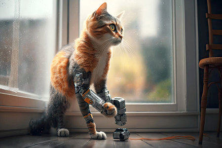 disabled pet cat with a robotic leg sits at window, generative aiの素材