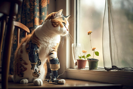 disabled pet cat with a robotic leg sits at window, generative aiの素材