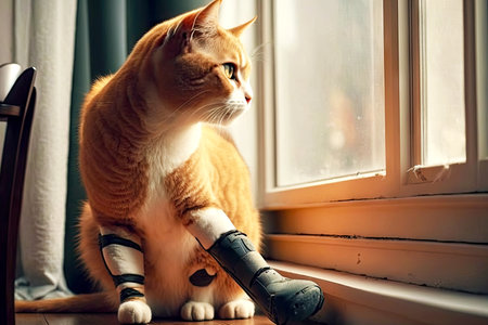 disabled pet cat with a robotic leg sits at window, generative aiの素材