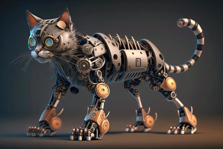 robotic cat with a robotic leg and gears on paws, generative aiの素材
