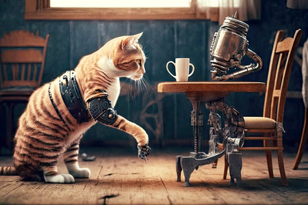 caring pet with cat with a robotic leg sitting on table, generative aiの素材