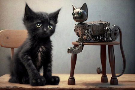 small black kitten with cat with a robotic leg sitting on table, generative aiの素材