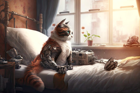 cat with a robotic leg curls in bed against background of window, generative aiの素材