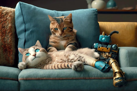 disabled kitty lying on couch with cat with robotic leg, generative aiの素材
