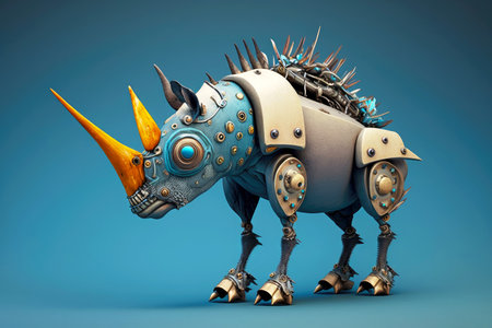 funny animal with robotic leg on grey blue background, generative aiの素材
