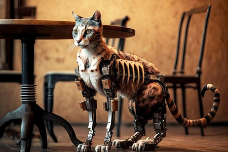 two-legged domestic cat with robotic leg sitting on table, generative aiの素材