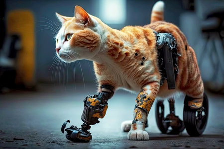 disabled cat with robotic leg kneading its paw on floor, generative aiの素材