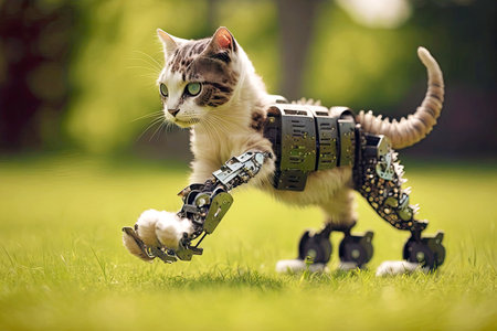 young safe cat with a robotic leg playing on lawn, generative aiの素材