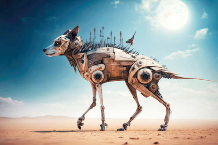 walking animal with cybernetic leg in background of sky and space, generative aiの素材