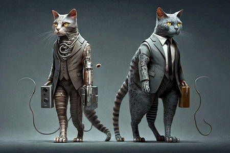 two cats with robotic legs in gray suits on gray background, generative aiの素材