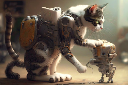 caring for sick cat with a robotic leg touching him on the back, generative aiの素材