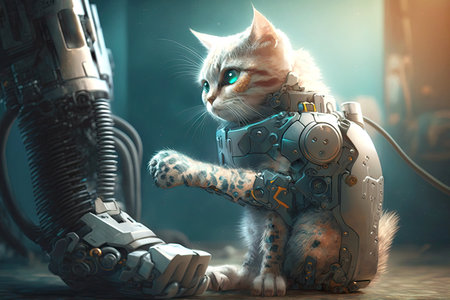 caring for sick cat with a robotic leg touching him on the back, generative aiの素材