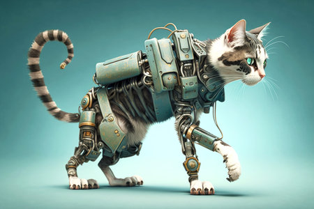 caring for sick cat with a robotic leg touching him on the back, generative aiの素材
