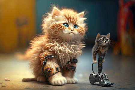 disabled fluffy kitten pet with cat with a robotic leg, generative aiの素材
