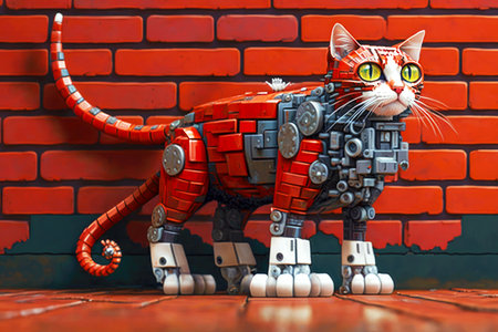 curly cat with a robotic leg on background of red brick wall, generative aiの素材
