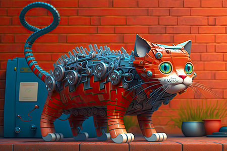 curly cat with a robotic leg on background of red brick wall, generative aiの素材