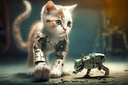 mended little kitten with cat going to vet with robotic leg, generative aiの素材