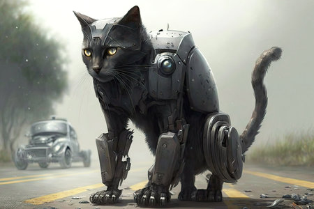 ashen gray black cat with a robotic leg sitting on the road, generative aiの素材