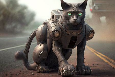 ashen gray black cat with a robotic leg sitting on the road, generative aiの素材