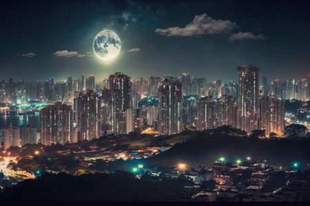 panoramic view of city skyline night from hill with high buildings, generative aiの素材