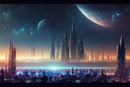 panoramic view of modern cityscape with buildings and industry against backdrop of galaxy city skyline night, generative aiの素材
