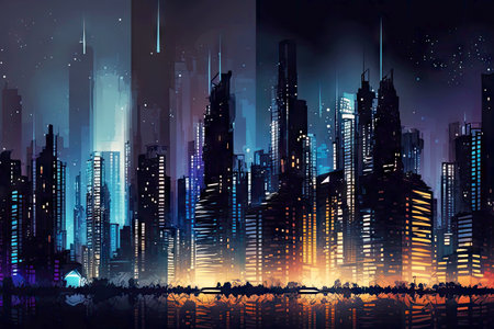 abstract modern cityscape with skyscrapers and urban buildings at night city skyline night, generative aiの素材