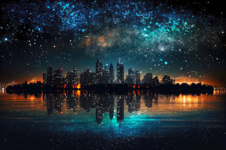 city skyline night against backdrop of beautiful bright starry sky, generative aiの素材