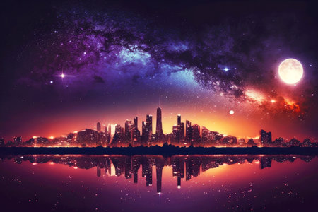 city skyline night against backdrop of beautiful bright starry sky, generative aiの素材
