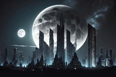 abstract futuristic skyscrapers city skyline night against moonlit sky, generative aiの素材