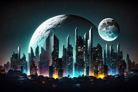 abstract futuristic skyscrapers city skyline night against moonlit sky, generative aiの素材
