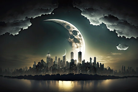 city skyline night against backdrop of moon and clouds, generative aiの素材