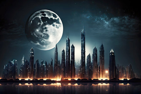 beautiful cityscape with high buildings against moonlit sky city skyline night, generative aiの素材