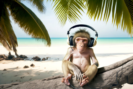 monkey with headphones sitting in palm tree in nature, generative aiの素材