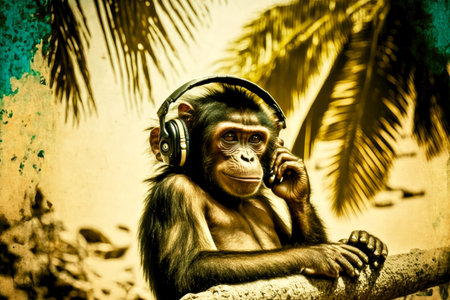 monkey with headphones sitting in palm tree in nature, generative aiの素材