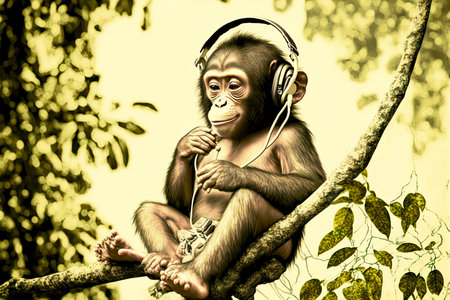 cute little funny monkey with headphones sitting on tree branch, generative aiの素材