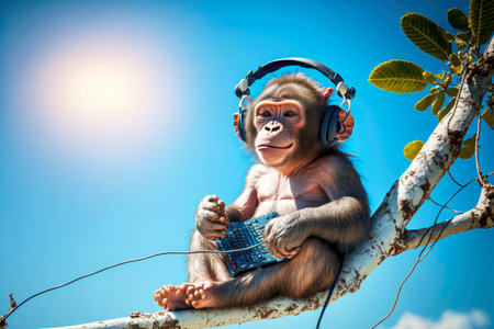 funny monkey with headphones sitting on branch against backdrop of blue sky, generative aiの素材