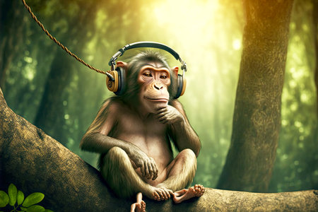 funny monkey with headphones hanging from branch of tree in forest, generative aiの素材