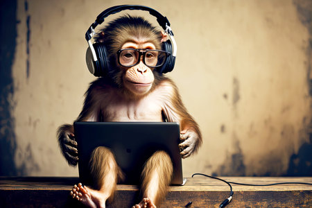 sitting on branch funny monkey with headphones and glasses, generative aiの素材