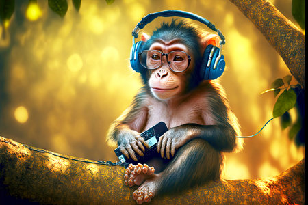 funny monkey with headphones and glasses sits on branch of tree, generative aiの素材